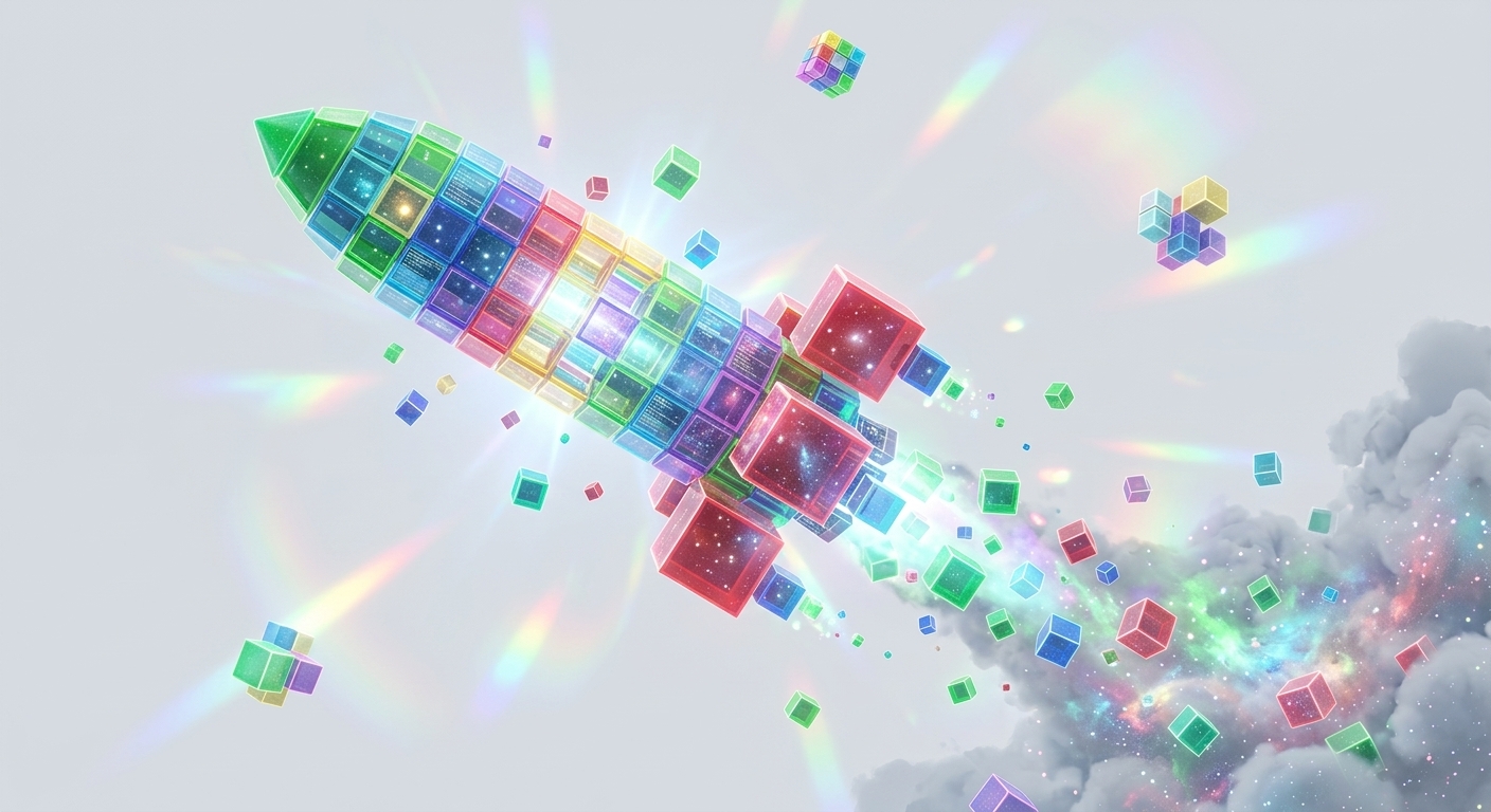 カラフルなキューブで構成されたロケットのイラスト